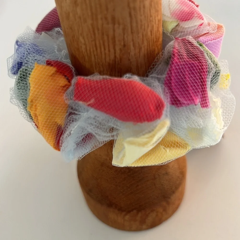 NWT Handmade Unique Mesh & Flower Petal Barbie Pink Scrunchie Artisan Accessory